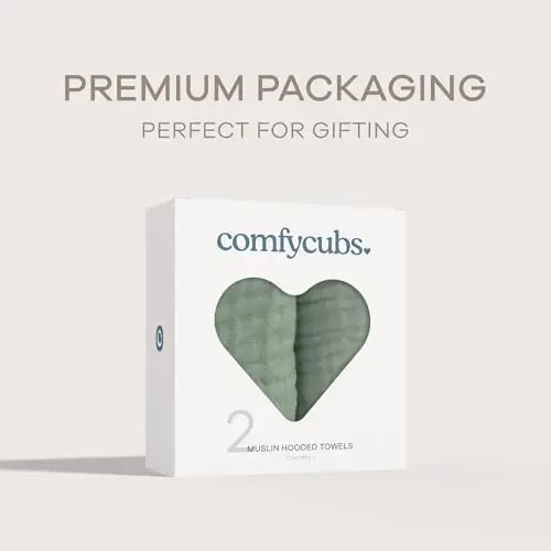 Comfy Cubs Hooded Baby Towel 2-Pack, Large 32 x 32 Inch - 6 Layer 100% Muslin Cotton for Babies, Toddlers and Kids - Soft & Absorbent Baby Bath Towels - Unisex Design for Bath Time - Fern - 4