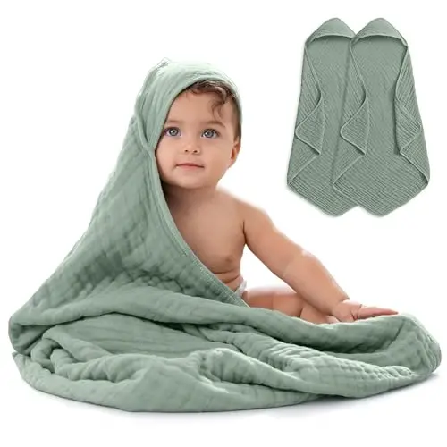 Comfy Cubs Hooded Baby Towel 2-Pack, Large 32 x 32 Inch - 6 Layer 100% Muslin Cotton for Babies, Toddlers and Kids - Soft & Absorbent Baby Bath Towels - Unisex Design for Bath Time - Fern - 1