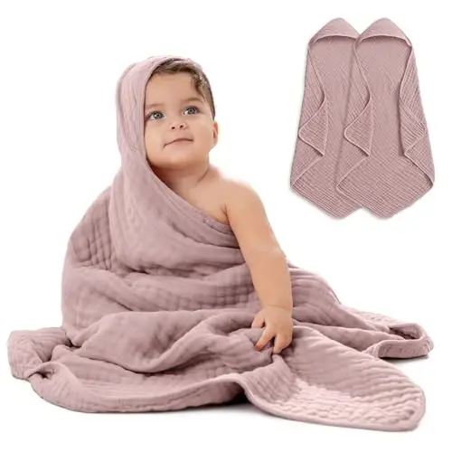 Comfy Cubs Hooded Baby Towel 2-Pack, Large 32 x 32 Inch - 6 Layer 100% Muslin Cotton for Babies, Toddlers and Kids - Soft & Absorbent Baby Bath Towels - Unisex Design for Bath Time - Mauve 