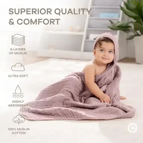 Comfy Cubs Hooded Baby Towel 2-Pack, Large 32 x 32 Inch - 6 Layer 100% Muslin Cotton for Babies, Toddlers and Kids - Soft & Absorbent Baby Bath Towels - Unisex Design for Bath Time - Mauve - 5
