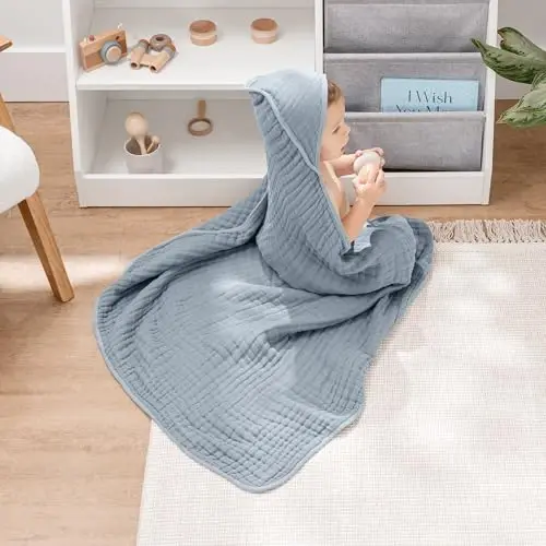 Comfy Cubs Kapşonlu Bebek Havlusu 2'li Paket, Büyük 32 x 32 İnç - 6 Katman %100 Müslin Pamuk Bebekler, Yeni Yürümeye Başlayan Çocuklar, Çocuklar için - Yumuşak ve Emici Bebek Banyo Havluları - Banyo Zamanı için Unisex Tasarım, Pasifik Mavisi ve Eğrel - COMFY (1)