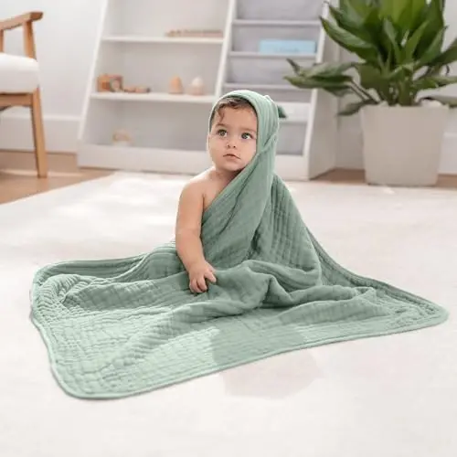 Comfy Cubs Hooded Baby Towel 2-Pack, Large 32 x 32 Inch - 6 Layer 100% Muslin Cotton for Babies, Toddlers, Kids - Soft & Absorbent Baby Bath Towels - Unisex Design for Bath Time, Pacific Blue and Fern - 4