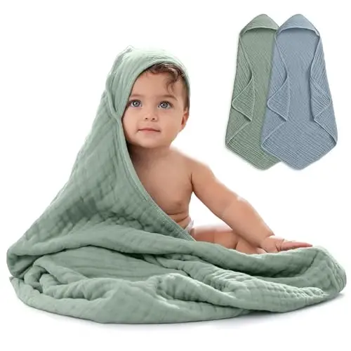 Comfy Cubs Hooded Baby Towel 2-Pack, Large 32 x 32 Inch - 6 Layer 100% Muslin Cotton for Babies, Toddlers, Kids - Soft & Absorbent Baby Bath Towels - Unisex Design for Bath Time, Pacific Blue and Fern - MODAZONE