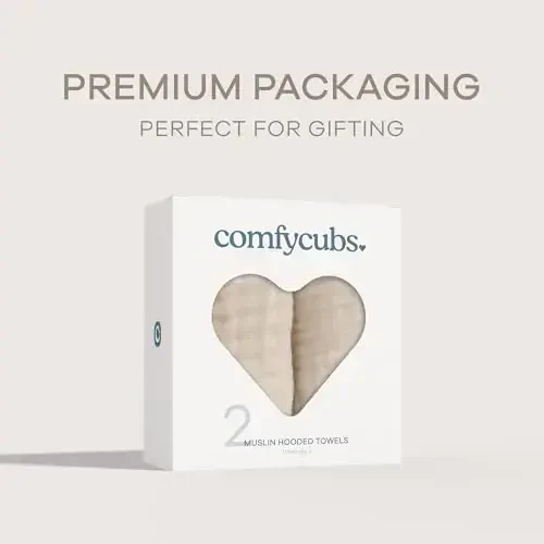 Comfy Cubs Hooded Baby Towel 2-Pack, Large 32 x 32 Inch - 6 Layer 100% Muslin Cotton for Babies, Toddlers and Kids - Soft & Absorbent Baby Bath Towels - Unisex Design for Bath Time - Sand - 4