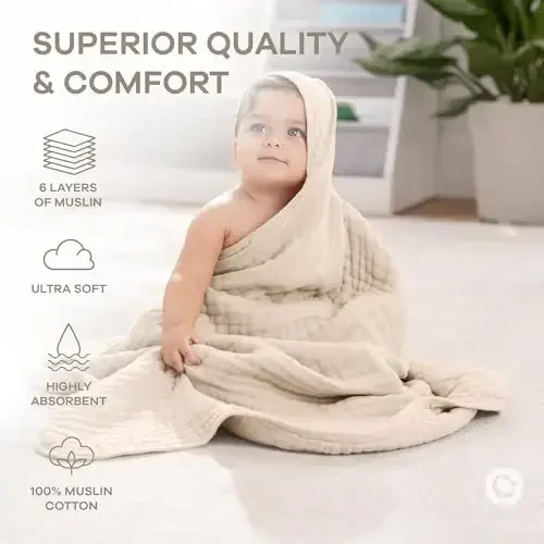 Comfy Cubs Hooded Baby Towel 2-Pack, Large 32 x 32 Inch - 6 Layer 100% Muslin Cotton for Babies, Toddlers and Kids - Soft & Absorbent Baby Bath Towels - Unisex Design for Bath Time - Sand - 5