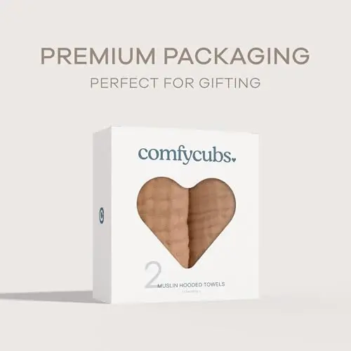 Comfy Cubs Hooded Baby Towel 2-Pack, Large 32 x 32 Inch - 6 Layer 100% Muslin Cotton for Babies, Toddlers and Kids - Soft & Absorbent Baby Bath Towels - Unisex Design for Bath Time - Caramel - 4