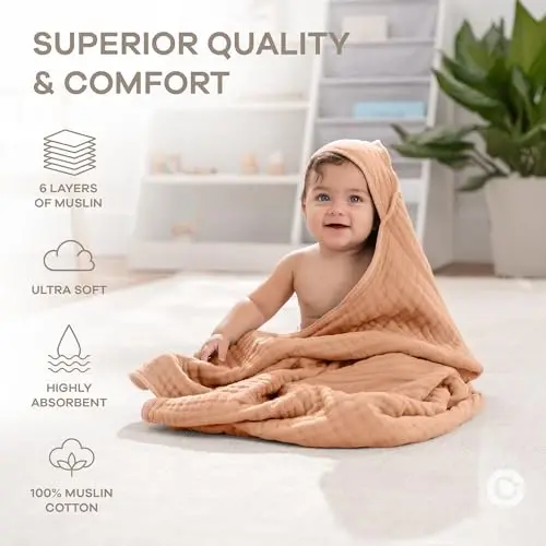 Comfy Cubs Hooded Baby Towel 2-Pack, Large 32 x 32 Inch - 6 Layer 100% Muslin Cotton for Babies, Toddlers and Kids - Soft & Absorbent Baby Bath Towels - Unisex Design for Bath Time - Caramel - 5