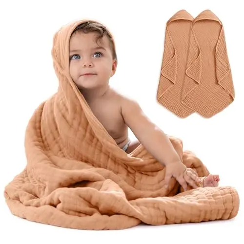 Comfy Cubs Hooded Baby Towel 2-Pack, Large 32 x 32 Inch - 6 Layer 100% Muslin Cotton for Babies, Toddlers and Kids - Soft & Absorbent Baby Bath Towels - Unisex Design for Bath Time - Caramel - 1