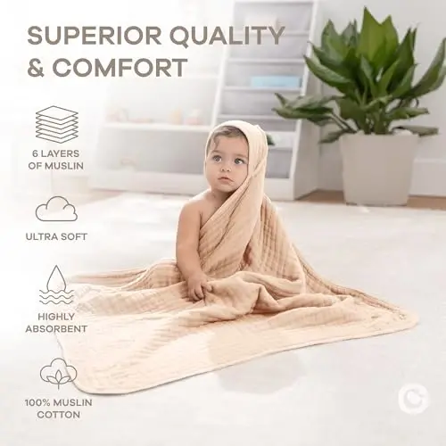 Comfy Cubs Kapüşonlu Bebek Havlusu 1'li Paket, Büyük 32 x 32 İnç - 6 Kat %100 Müslin Pamuk Bebekler, Yeni Yürümeye Başlayanlar ve Çocuklar için - Yumuşak ve Emici Bebek Banyo Havluları - Banyo Zamanı için Üniseks Tasarım - Krem - 4