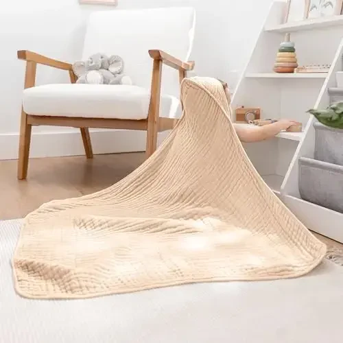 Comfy Cubs Hooded Baby Towel 1-Pack, Large 32 x 32 Inch - 6 Layer 100% Muslin Cotton for Babies, Toddlers and Kids - Soft & Absorbent Baby Bath Towels - Unisex Design for Bath Time - Cream - 2
