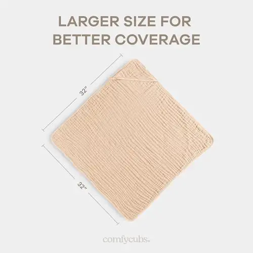 Comfy Cubs Hooded Baby Towel 1-Pack, Large 32 x 32 Inch - 6 Layer 100% Muslin Cotton for Babies, Toddlers and Kids - Soft & Absorbent Baby Bath Towels - Unisex Design for Bath Time - Cream - 5