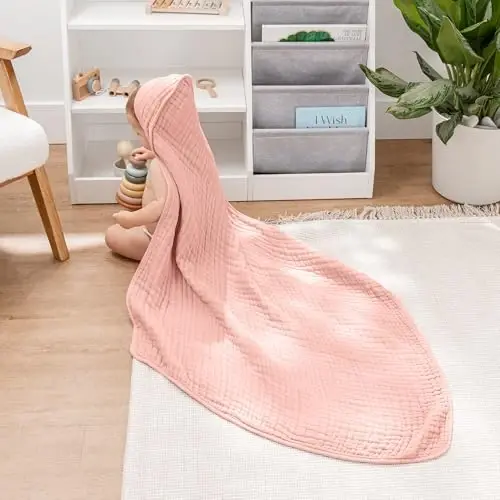 Comfy Cubs Hooded Baby Towel 2-Pack, Large 32 x 32 Inch - 6 Layer 100% Muslin Cotton for Babies, Toddlers and Kids - Soft & Absorbent Baby Bath Towels - Unisex Design for Bath Time - Bold Blush - COMFY (1)