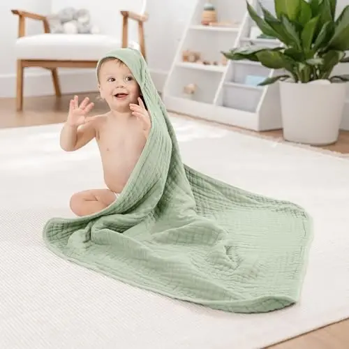 Comfy Cubs Hooded Baby Towel 1-Pack, Large 32 x 32 Inch - 6 Layer 100% Muslin Cotton for Babies, Toddlers and Kids - Soft & Absorbent Baby Bath Towels - Unisex Design for Bath Time - Sage - 2