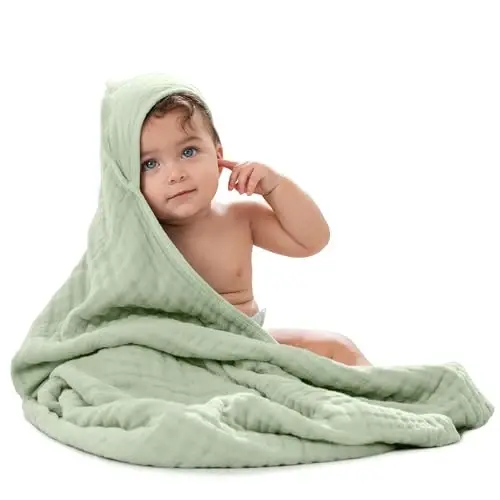 Comfy Cubs Hooded Baby Towel 1-Pack, Large 32 x 32 Inch - 6 Layer 100% Muslin Cotton for Babies, Toddlers and Kids - Soft & Absorbent Baby Bath Towels - Unisex Design for Bath Time - Sage - 1