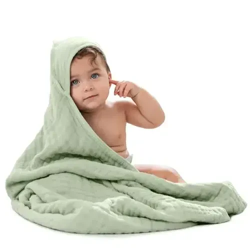 Comfy Cubs Hooded Baby Towel 1-Pack, Large 32 x 32 Inch - 6 Layer 100% Muslin Cotton for Babies, Toddlers and Kids - Soft & Absorbent Baby Bath Towels - Unisex Design for Bath Time - Sage 