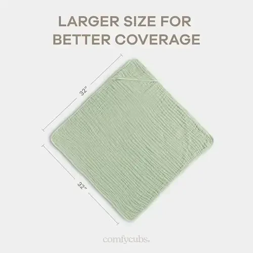 Comfy Cubs Hooded Baby Towel 1-Pack, Large 32 x 32 Inch - 6 Layer 100% Muslin Cotton for Babies, Toddlers and Kids - Soft & Absorbent Baby Bath Towels - Unisex Design for Bath Time - Sage - 3