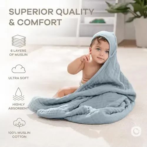 Comfy Cubs Hooded Baby Towel 2-Pack, Large 32 x 32 Inch - 6 Layer 100% Muslin Cotton for Babies, Toddlers, Kids - Soft & Absorbent Baby Bath Towels - Unisex Design for Bath Time, Pacific Blue and Fern - 6