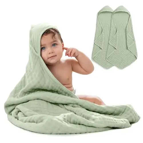 Comfy Cubs Kapüşonlu Bebek Havlusu 2'li Paket, Büyük 32 x 32 İnç - 6 Kat %100 Müslin Pamuk Bebekler, Yeni Yürümeye Başlayan Çocuklar ve Çocuklar İçin - Yumuşak ve Emici Bebek Banyo Havluları - Banyo Zamanı İçin Unisex Tasarım - Adaçayı - MODAZONE