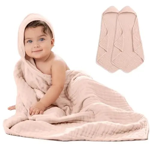 Comfy Cubs Hooded Baby Towel 2-Pack, Large 32 x 32 Inch - 6 Layer 100% Muslin Cotton for Babies, Toddlers and Kids - Soft & Absorbent Baby Bath Towels - Unisex Design for Bath Time - Blush - 1