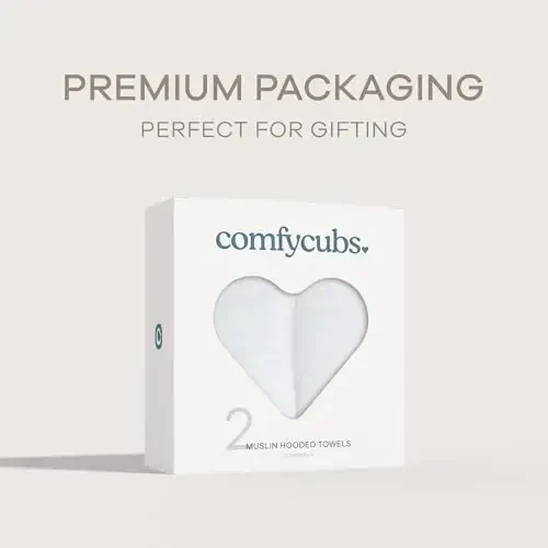 Comfy Cubs Hooded Baby Towel 2-Pack, Large 32 x 32 Inch - 6 Layer 100% Muslin Cotton for Babies, Toddlers and Kids - Soft & Absorbent Baby Bath Towels - Unisex Design for Bath Time - White - 5