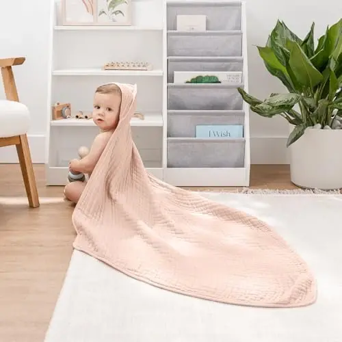 Comfy Cubs Hooded Baby Towel 2-Pack, Large 32 x 32 Inch - 6 Layer 100% Muslin Cotton for Babies, Toddlers and Kids - Soft & Absorbent Baby Bath Towels - Unisex Design for Bath Time - Blush - 2