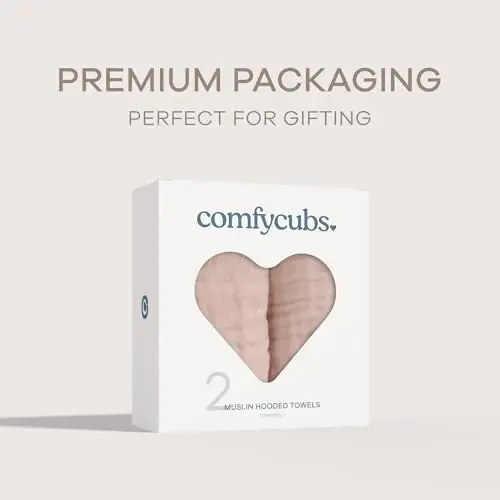 Comfy Cubs Hooded Baby Towel 2-Pack, Large 32 x 32 Inch - 6 Layer 100% Muslin Cotton for Babies, Toddlers and Kids - Soft & Absorbent Baby Bath Towels - Unisex Design for Bath Time - Blush - 5