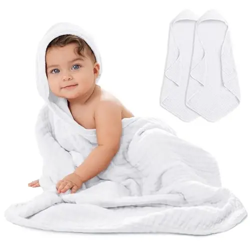 Comfy Cubs kapüşonlu chaqaloq sochiqlari 2 dona, Katta 32 x 32 dyuym - 6 qatlamli 100% muslin paxta chaqaloqlar, yosh bolalar va bolalar uchun - Yumshoq va changni yutuvchi chaqaloq hammom sochiqlari - Hammom vaqti uchun unisex dizayn - Oq - 2