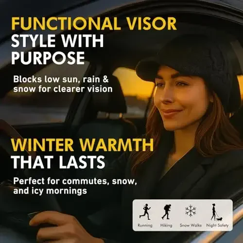 Comhats Oversized Wool Blend Visor Beanie Warm Classic Cable Knit Hat with Sun-Blocking Brim for Large Heads - 3