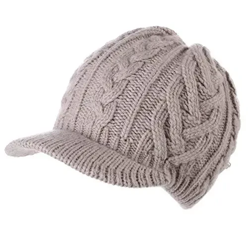Comhats Oversized Wool Blend Visor Beanie Warm Classic Cable Knit Hat with Sun-Blocking Brim for Large Heads - COMHATS