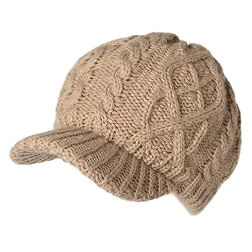 Comhats Oversized Wool Blend Visor Beanie Warm Classic Cable Knit Hat with Sun-Blocking Brim for Large Heads - 1
