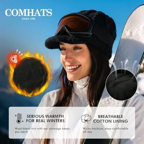 Comhats Oversized Wool Blend Visor Beanie Warm Classic Cable Knit Hat with Sun-Blocking Brim for Large Heads - 2