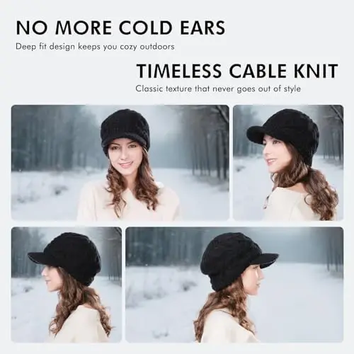 Comhats Oversized Wool Blend Visor Beanie Warm Classic Cable Knit Hat with Sun-Blocking Brim for Large Heads - 4