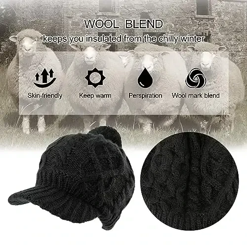 Comhats Oversized Wool Blend Visor Beanie Warm Classic Cable Knit Hat with Sun-Blocking Brim for Large Heads - COMHATS (1)