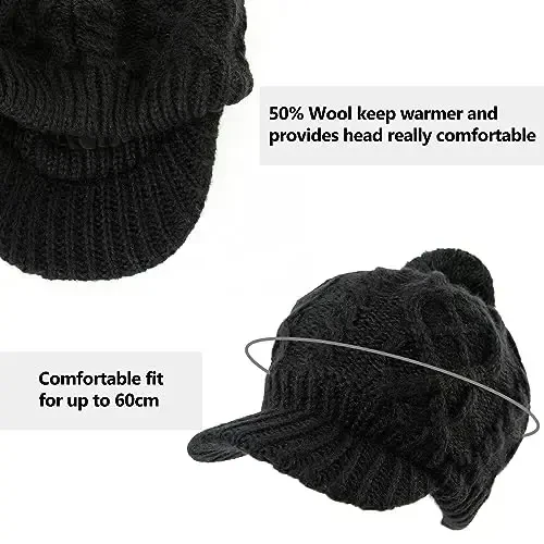 Comhats Oversized Wool Blend Visor Beanie Warm Classic Cable Knit Hat with Sun-Blocking Brim for Large Heads - 3