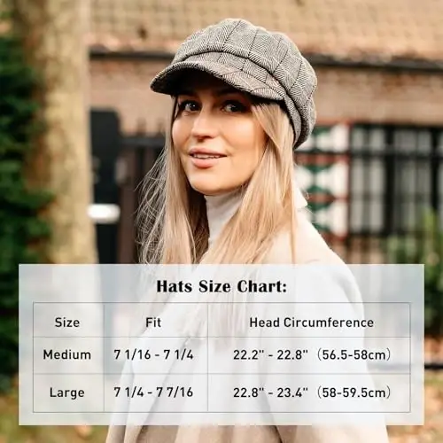 Comhats Women's Wool Winter Warm Newsboy Hats, Fashion Pageboy Beret Cap | Wool Newsboy Cap, Fleece Satin Lined, Elastic Adjustable Baker Cabbie Paperboy Beret Hat, Warm Fall Winter Brim, Big Head - 3