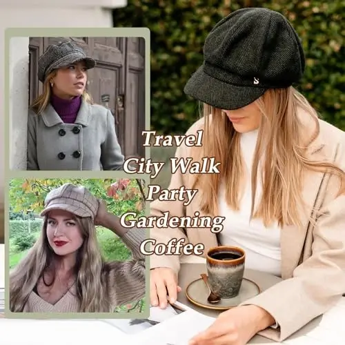 Comhats Women's Wool Winter Warm Newsboy Hats, Fashion Pageboy Beret Cap | Wool Newsboy Cap, Fleece Satin Lined, Elastic Adjustable Baker Cabbie Paperboy Beret Hat, Warm Fall Winter Brim, Big Head - 5