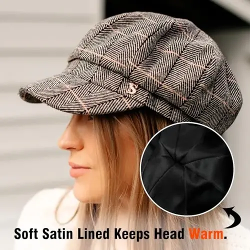 Comhats Women's Wool Winter Warm Newsboy Hats, Fashion Pageboy Beret Cap | Wool Newsboy Cap, Fleece Satin Lined, Elastic Adjustable Baker Cabbie Paperboy Beret Hat, Warm Fall Winter Brim, Big Head - 4