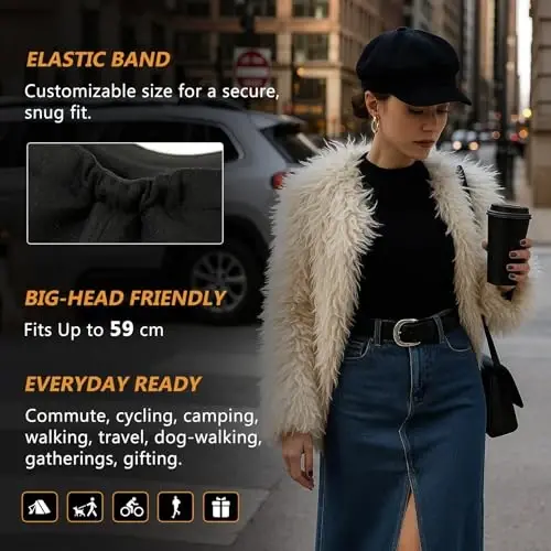 Comhats Women's Wool Winter Warm Newsboy Hats, Fashion Pageboy Beret Cap | Wool Newsboy Cap, Fleece Satin Lined, Elastic Adjustable Baker Cabbie Paperboy Beret Hat, Warm Fall Winter Brim, Big Head - 2