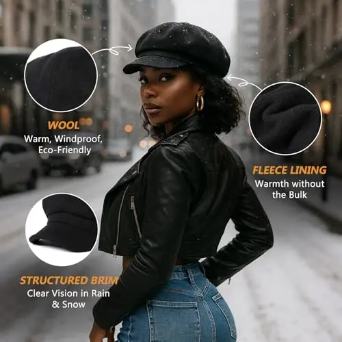 Comhats Women's Wool Winter Warm Newsboy Hats, Fashion Pageboy Beret Cap | Wool Newsboy Cap, Fleece Satin Lined, Elastic Adjustable Baker Cabbie Paperboy Beret Hat, Warm Fall Winter Brim, Big Head - 3