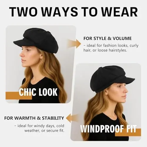 Comhats Women's Wool Winter Warm Newsboy Hats, Fashion Pageboy Beret Cap | Wool Newsboy Cap, Fleece Satin Lined, Elastic Adjustable Baker Cabbie Paperboy Beret Hat, Warm Fall Winter Brim, Big Head - 4