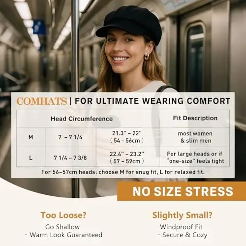 Comhats Women's Wool Winter Warm Newsboy Hats, Fashion Pageboy Beret Cap | Wool Newsboy Cap, Fleece Satin Lined, Elastic Adjustable Baker Cabbie Paperboy Beret Hat, Warm Fall Winter Brim, Big Head - 5