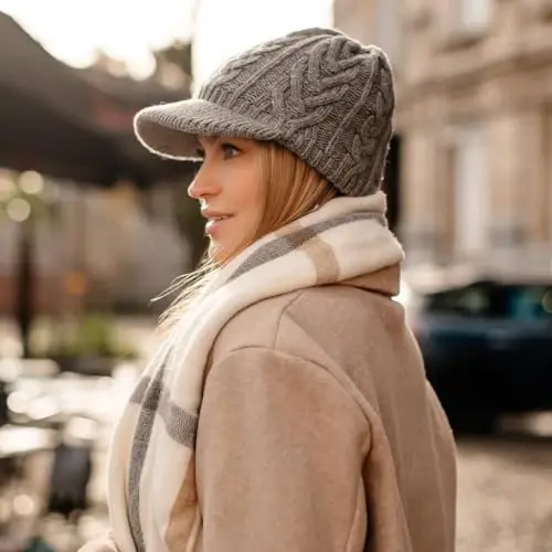 Comhats Oversized Wool Blend Visor Beanie Katta Katta Boshlar uchun Quyoshdan To'sib Turuvchi Qirrali Issiq Klassik Kabel Triko Shapka - 3