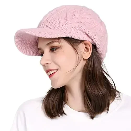 Comhats Oversized Wool Blend Visor Beanie Warm Classic Cable Knit Hat with Sun-Blocking Brim for Large Heads - COMHATS