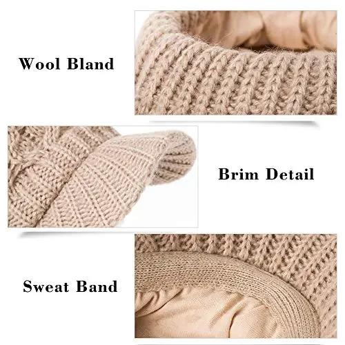 Comhats Oversized Wool Blend Visor Beanie Warm Classic Cable Knit Hat with Sun-Blocking Brim for Large Heads - 6