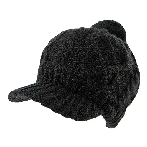Comhats Oversized Wool Blend Visor Beanie Warm Classic Cable Knit Hat with Sun-Blocking Brim for Large Heads - 1