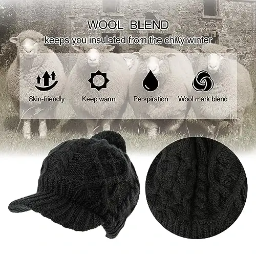 Comhats Oversized Wool Blend Visor Beanie Warm Classic Cable Knit Hat with Sun-Blocking Brim for Large Heads - 2