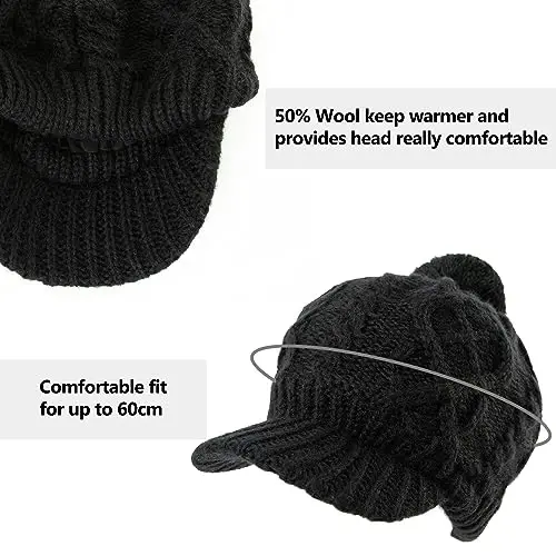 Comhats Oversized Wool Blend Visor Beanie Warm Classic Cable Knit Hat with Sun-Blocking Brim for Large Heads - 3