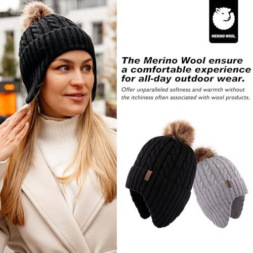 Comhats Winter Peruvian Knitted Beanie Hats for Women Pompom Merino Wool Ear Flaps Fleece Lined Cold Weather Ski Running - 2