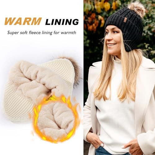 Comhats Winter Peruvian Knitted Beanie Hats for Women Pompom Merino Wool Ear Flaps Fleece Lined Cold Weather Ski Running - 4