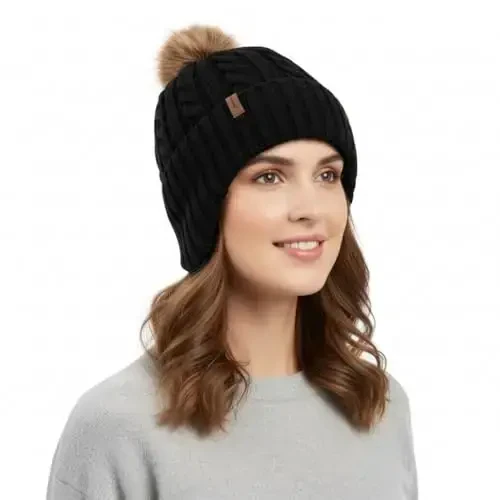 Comhats Warm Wool Fleece Lined Ear Flap Detachable Pompom Beanies Gifts Cold Weather for Women - 1
